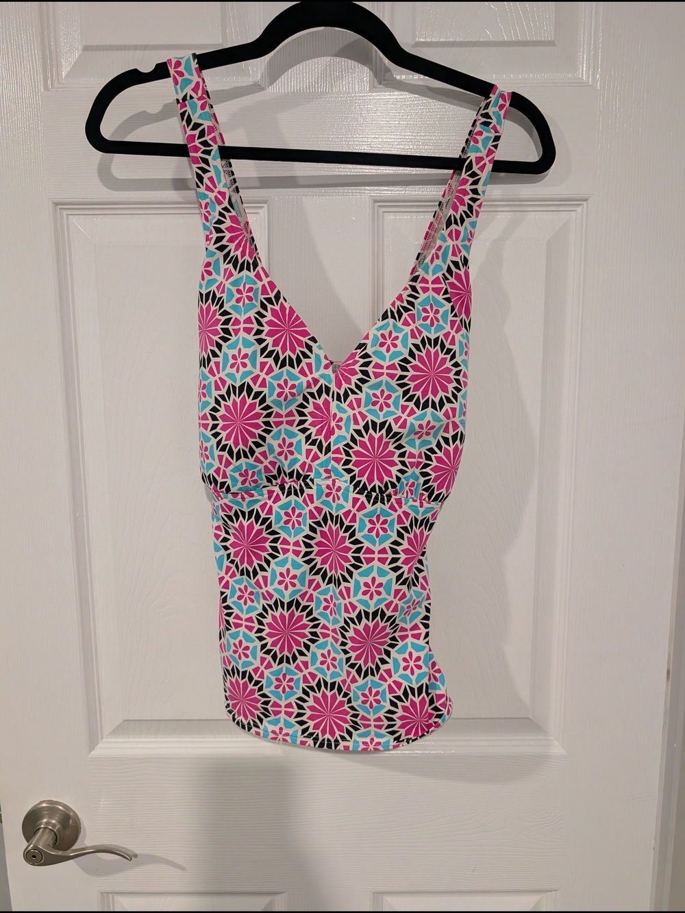 Lands' End Pink, Blue & Black Geometric Print Swim Tankini Top in Size 16D